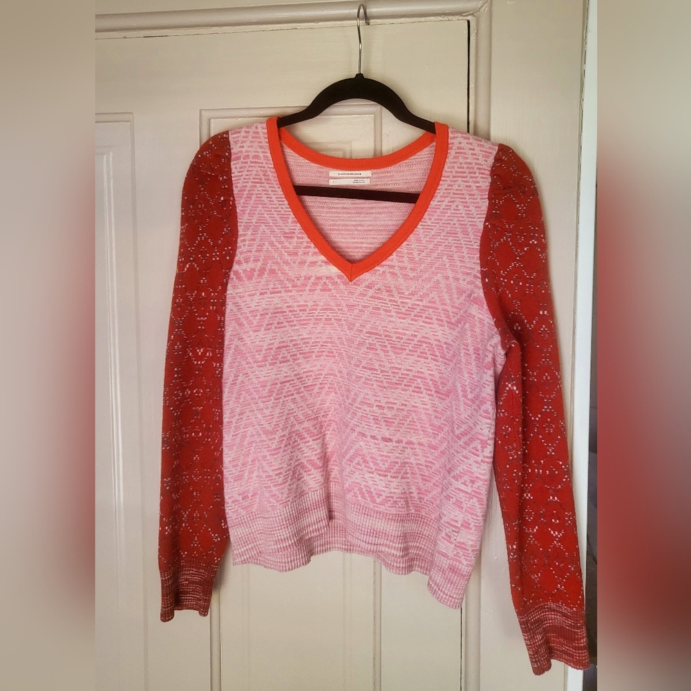 Anthropologie Pink and Red V-Neck Sweater